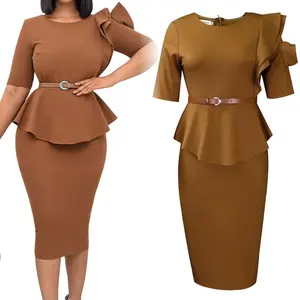 Women vintage peplum midi dress with brooch v neck ruffles bodycon pencil career dress elegant office dress ladies wear