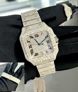 Montre unisexe en acier inoxydable avec mouvement automatique, bracelet à fermoir, or blanc 14 carats, diamants moissanite, verre carré glacé, 10 bars - Product Image 1