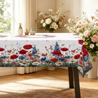 Nappe de table de qualité supérieure avec imprimé de fleurs de pavot rouge et bleu, fond à motif quadrillé, housse de table imperméable pour la décoration de salle à manger, vente en gros