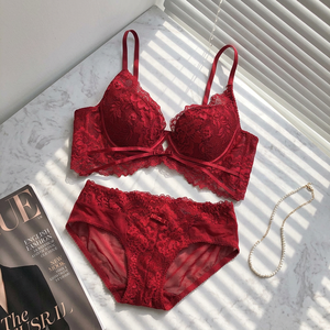 Conjunto de lencería sexy de encaje rojo con aros y push-up, copa 3/4, tirantes ajustables, tiro medio, lencería de mujer, tallas grandes, ropa interior femenina. - Product Image 5