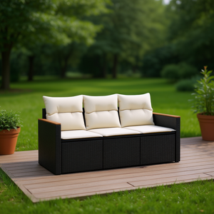 Sofá de Jardín de Ratán Negro de Tres Plazas, Muebles de Exterior con Cojines Color Crema, Diseño Contemporáneo Impermeable - Product Image 2