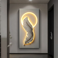 Peintures murales 3D en relief faites à la main, grandes, avec plumes et lumières LED, décoration murale moderne de luxe pour la maison, vente en gros