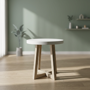 Minimalist Round Wood Coffee Table with White Top for Living Room - Product Image 2