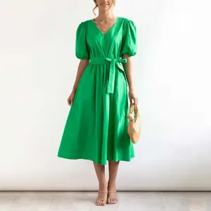Spring New Fashion Simple Solid V-Neck Wrapped Dress Women's Casual Loose Short Sleeve Long Dresses
