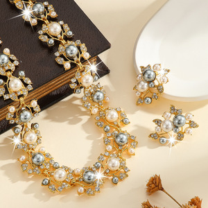 European and American Explosions Vintage Imitation Pearl Diamond Leaves Flower Necklace Set New Bridal <b>Wedding</b> <b>Accessories</b> - Product Image 4