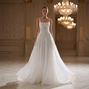 Robe de mariée moderne sans bretelles, sans manches, ornée de perles, broderie de cristaux, jupe en satin drapée, taille naturelle, coupe trapèze, grande taille - Product Image 6