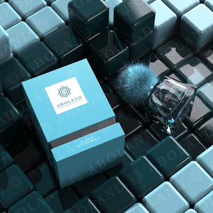 Flacon de parfum en verre ABOLAND, forme rectangulaire, avec pompon en fourrure, pulvérisateur, sceau, impression sérigraphique, couleurs blanc et bleu - Product Image 5