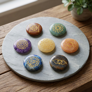 <b>Chakra</b> Symbol Gemstone Disc <b>Set</b> Handmade Inlay Circle Stones Reiki Art Collectible Buy online <b>chakra</b> Semi-precious stone crafts - Product Image 4