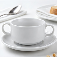 Tasse à soupe en céramique blanche avec soucoupe 280 ml, bol à soupe en porcelaine avec poignées pour servir la soupe, le dessert, restaurant, maison, cuisine
