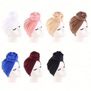 Fashion New Solid Top Knot Women's Turban Hat Pre-Tied Polyester <b>Canvas</b> Fabric One Size Fits Most with Flower - Product Image 3