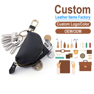 Porte-clés de voiture en cuir véritable grain litchi, étui en cuir de vachette pleine fleur avec fermeture éclair, personnalisable avec logo et emballage – Vente en gros - Product Image 1