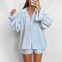 SMOOTH Fabrik Maßgeschneidertes Damen Gestreiftes Cardigan-Shorts-Set Lose Langarm-Loungewear OEM ODM Homewear