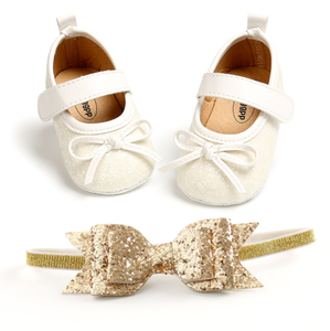 Chaussures plates à paillettes scintillantes à semelle souple pour bébés filles de 6 mois, ensemble chaussures et bandeau pour nouveau-nés et tout-petits - Product Image 5