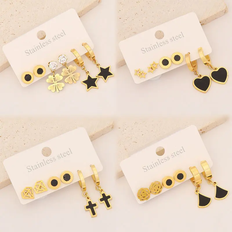 3Pairs Stainless Steel Black Star Flower Earrings Set Fashion Heart Cross Clover Pendant Drop Earrings for Women