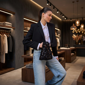 Stylish <b>Black</b> <b>Large</b> Sequin Casual Tote <b>Handbag</b> with Two Open Straps-Lightweight Polyester - Product Image 2