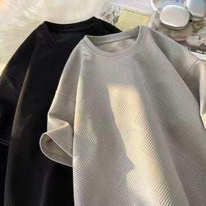 Camiseta Corta Retro Americana para Hombre, Verano 2025, Nueva, Casual, Versátil, Estilo Waffle, Tendencia, Manga Tres Cuartos, Lisa, con Cuentas - Product Image 1