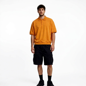 Polo à manches courtes pour homme, coupe ample, couleur orange unie, boutons, haut décontracté avec logo imprimé sur la poitrine, 100% coton, 220 grammes - Product Image 1