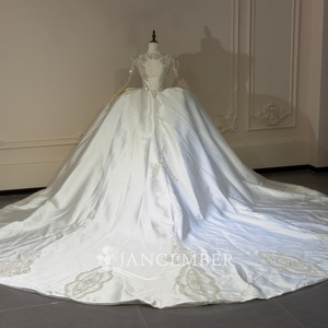 Xs316 Elegant Deep V Neck Crystal Beaded Baroque Scroll Applique Ivory Satin <b>Ball</b> <b>Gown</b> Wedding Dress For Church Jancember - Product Image 4