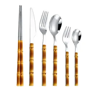 Food Grade Bamboo Shape Handle Gold Plastic Silverware Cutlery Set Stainless Steel Spoon And Fork Knife Dinner Flatware Set
