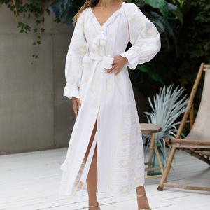 Elegante Vestido de Lino y Algodón Personalizable con Cuello en V, Estilo Casual, Corte en A, Mangas Abullonadas, Midi, Vestido de Verano para Mujer - Product Image 1