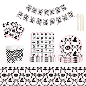 Juego de Vajilla Rosa DAMAI para Fiesta de Halloween con Decoraciones de Cerezas y Lazos, Incluye Platos, Vasos y Servilletas de Papel para 8 Personas - Product Image 1