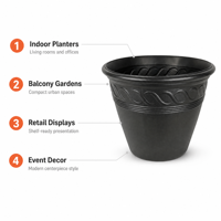 Pot Bunga Plastik Dapat Disusun, Hitam Matte, Anyaman Dekoratif, Bulat, Hemat Tempat, Kokoh untuk Grosir