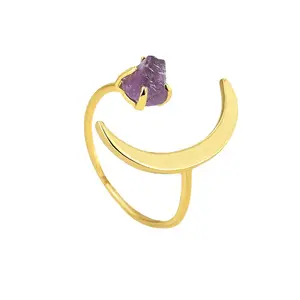 brass alloy amethyst crystal stone sum and half moon charm finger open ring jewelry rings women