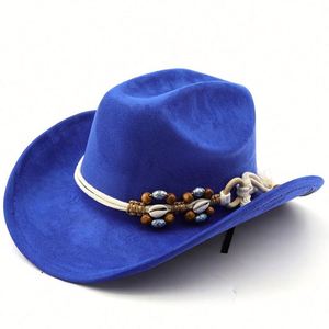 2025 Autumn Winter New Arrival Trendy Vegan Suede Western Cowboy <b>Hat</b> with Wood Beads Rope - Product Image 5