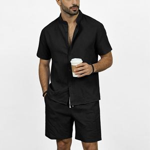 <b>Men</b> Linen <b>Shirt</b> Set Short Sleeve Henley Collar Solid Color Breathable Summer <b>Beach</b> Wear - Product Image 4