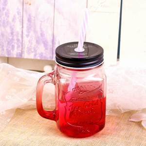 Barattolo di vetro multicolore disponibile con stampa logo di fascia alta 16oz con manico e paglia colorata e coperchio - Product Image 6