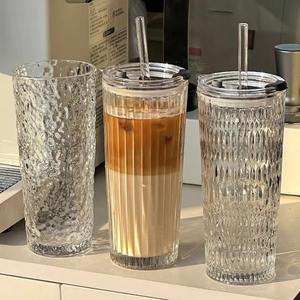 American Coffee Latte Tazas de café de vidrio transparente 530Ml Grano vertical Rayas Taza de vidrio helado Taza de agua de oficina con tapa y pajita - Product Image 6