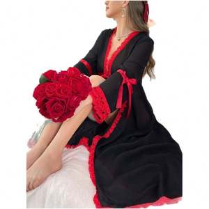 XX110 Lencería Sexy de Encaje para Mujer, Camisón Elegante Largo, Bata de Novia, Kimono Erótico de Malla para Boda, Verano y Otoño - Product Image 4