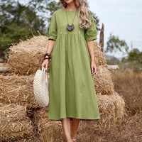 Européen et américain transfrontalier 2025 nouvelle couleur unie taille ample jupe mi-longue robe en coton lin coton