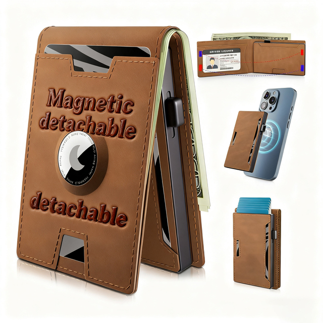 New Customized Magnetic Detachable for Card Wallet Men RFID Smart Metal ID Credit Card Holder Slim PU Leather Tracker Air Tag