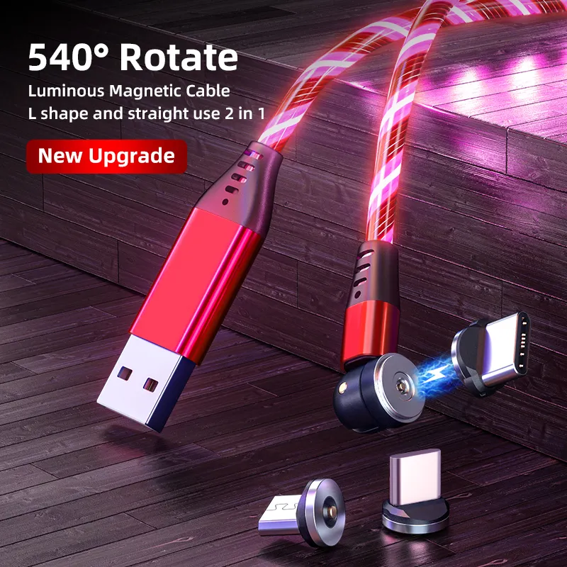 Wholesale 540 Degree Rotate Magnetic Charging Cable Flowing Light Phone Charger Led Glowing Mobile Phone Magnetic Charging Cable