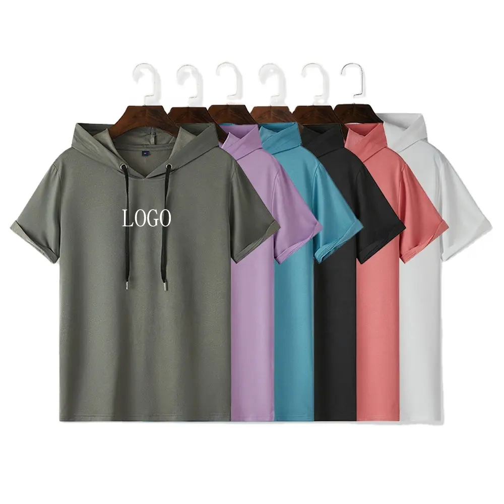 JL-0223A Custom LOGO Short-Sleeved Men's Hooded Pink T-Shirt By Bulk Loose Blank Tee Shirts Sports Wear Hoodie T Shirt For Men's