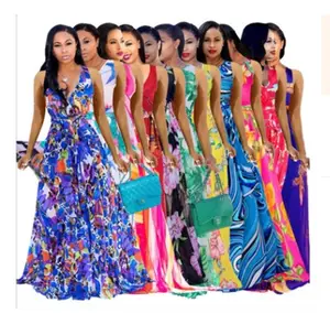 Wholesale floral printed A Line sleeveless V neck maxi dresses plus size 5Xl woman casual dress