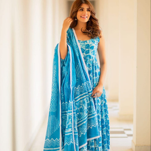 Premium Quality New Arrival Floral Print Anarkali Cotton <b>Kurta</b> and Palazzo Set with Print Dupatta for Festive Wear at Best Price - Product Image 1