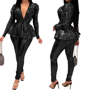 ชุดเซ็ต 2 ชิ้น เสื้อแขนยาวคอวีทรงเข้ารูปพร้อมเข็มขัด กางเกงขายาว แฟชั่นสำหรับผู้หญิง - Product Image 1