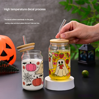 Gobelet en forme de canette de 16 oz avec couvercle coloré et paille, réutilisable, transparent, pour Halloween, Noël et autres fêtes