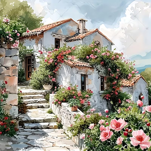 Pittura Diamante 5D Fai da Te, Casetta da Giardino, <span class=keywords><strong>Paesaggio</strong></span> Floreale con Rose, Mosaico di Strass, Decorazione Murale su Tela - Product Image 1