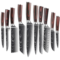 Ensemble de couteaux de cuisine haut de gamme de 10 pièces - Lames en acier inoxydable à motif laser Damas avec manches ergonomiques en bois