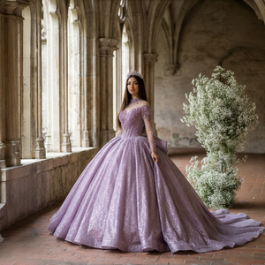 Robe de bal longue couleur bonbon violet avec appliques à sequins, volants, perles scintillantes et cristaux, décolleté cœur naturel Dy1522 - Product Image 1