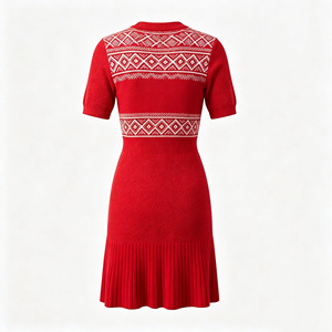 Robe pull midi en tricot jacquard <span class=keywords><strong>Fair</strong></span> Isle pour femme, col en V, manches courtes, ourlet plissé, avec broderie de logo personnalisée OEM - Product Image 4