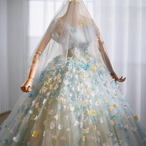 Blue Floral Strapless Ball Gown Chiffon Empire Waistline Evening Dress For Women - Product Image 2