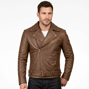 Men's Brown Genuine Leather <b>Biker</b> Motorcycle <b>Jacket</b> Slim Fit Cafe Racer Vintage Winter Streetwear Waterproof Windproof Front - Product Image 1