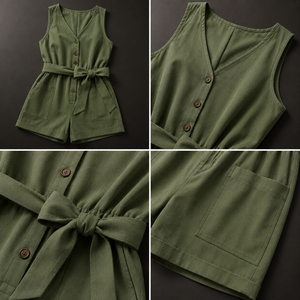 Mono verde sin mangas con cuello en V para mujer, con cinturón y bolsillos, informal, para primavera/verano, con etiqueta de logotipo personalizado. - Product Image 3