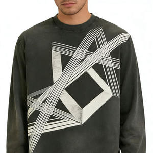 Camiseta de Manga Larga para Hombre, Color Gris Oscuro Lavado Vintage, con Estampado de Líneas Geométricas Abstractas, Cuello Redondo Clásico - Product Image 2