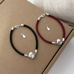 S925 Sterling Silver Rope <b>Bracelet</b> Black Red Ball <b>Bead</b> Couple Jewelry Gift for Women Spring 2025 Weaving Design - Product Image 1