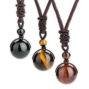 G340 Men Necklace Handmade Weave Tiger Eye Stone Round Bead Natural Crystal Tiger Eye Necklace